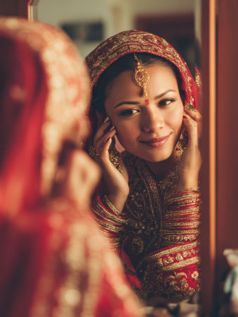 A beautiful Indian bride gracefully applies sindoor while gazing at her reflection in a mirror, surrounded by a soft, inviting background on her wedding day.の素材