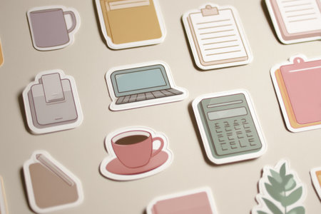 Various colorful minimalist flat stickers featuring office tools are neatly arranged on a neutral-colored surface, leaving space at the top for creative use.の素材