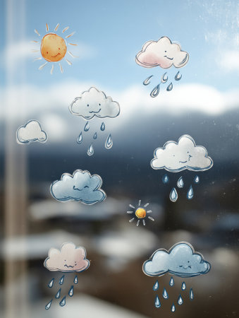 Colorful weather-themed stickers adorn a window pane, showcasing sunny and cloudy designs against a backdrop of a serene blue sky and distant mountains.の素材