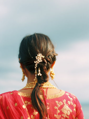 The focus is on a brides hair, highlighted by sindoor and delicate accessories, set against a blurred, serene sky backdrop during wedding festivities.の素材