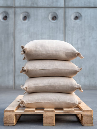 Cement bags are stacked neatly on a wooden pallet, situated against a clean industrial backdrop of gray concrete walls and round ventilation openings.の素材