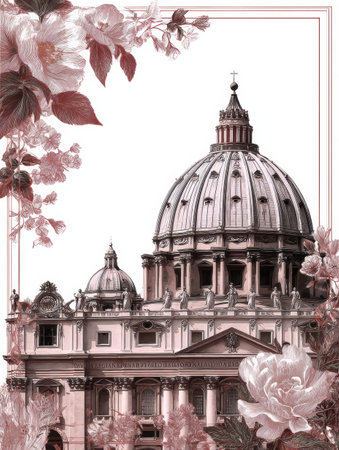A creative fusion of the Vatican dome framed by a floral border emphasizes historical architecture and nature in a harmonious composition.の素材