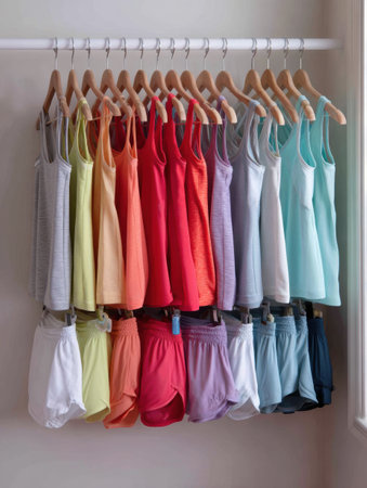 Colorful tanks and shorts are neatly arranged on wall hooks, showing a vibrant selection ideal for summer wear and casual outings.の素材