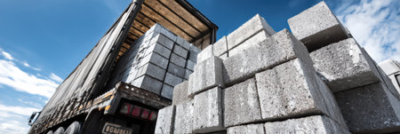 Concrete blocks are stacked and being loaded into a freight truck while the sky remains bright and clear, indicating favorable working conditions.の素材