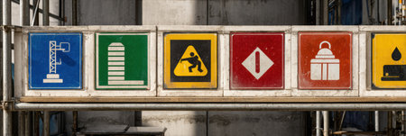 Safety signs displayed at the entrance of a construction site provide essential information for workers regarding site regulations and hazard awarenessの素材