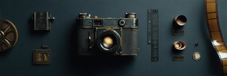 Classic vintage camera and film stickers are displayed on a dark backdrop, illuminated by a central light, emphasizing the art of photography and nostalgia.の素材