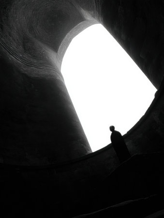 A solitary monk stands in silhouette, gazing up at a great dome with an open top, creating a peaceful atmosphere for reflection and prayer.の素材
