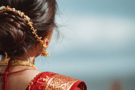 Bridal hair adorned with sindoor shines brightly as she gazes at a soft blue sky, capturing a moment of tradition during her wedding.の素材