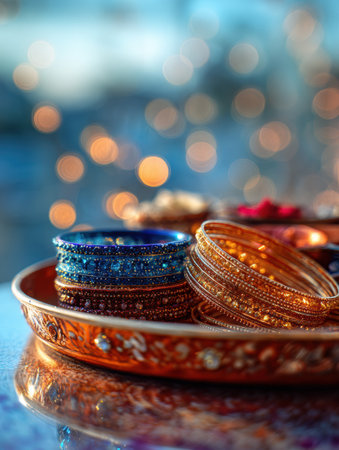 Colorful bangles and sindoor arranged beautifully on a tray create a festive atmosphere, enhanced by a soft bokeh background blending into the sky.の素材