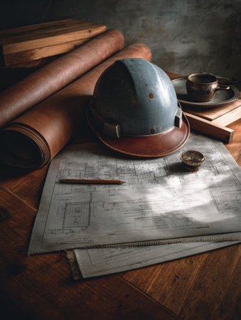 Blueprint rolls and a safety helmet lie flat on a wooden table, illuminated by soft overhead lighting, showing the essence of construction planning.の素材