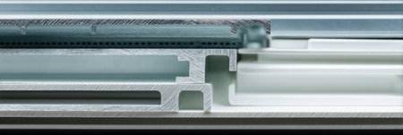 Detailed look at metal profiles used in drywall construction, highlighting their texture and design against a subtle white backdrop.の素材