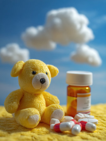 Dangerous medicine carelessly placed near a childs teddy bear under a serene sky raises serious safety concerns.の素材
