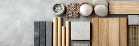 Various types of building materials are meticulously arranged on a clean surface, with space on the left for convenient handling and selection.の素材