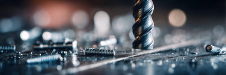 Close-up view of a drill bit hovering above a steel sheet covered with screws, showcasing tools ready for assembly in a workshop environment.の素材
