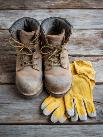 Work boots and construction gloves rest on a rustic wooden surface, symbolizing preparation for an outdoor construction project or activity.の素材