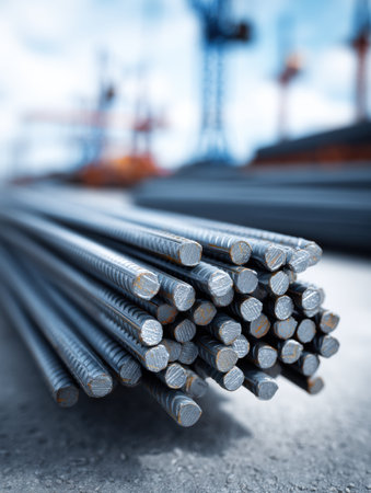 Steel rebar bundle lies on the ground at a construction site, with a blurred background featuring cranes and construction equipment under a clear sky.の素材