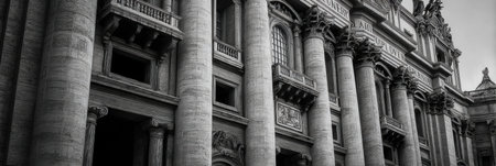 The striking left side of St. Peters Basilica facade is presented in monochrome, highlighting its architectural details and grand columns.の素材