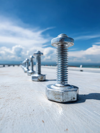 A series of metallic construction anchor bolts arranged neatly on a flat surface, with a clear blue sky and fluffy clouds visible above them in the daytime.の素材