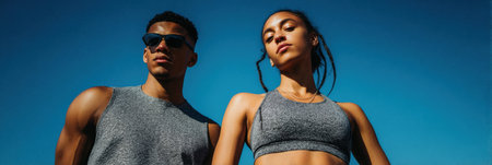 Dynamic fitness couple poses confidently in matching activewear against a vibrant blue sky, reflecting their commitment to an active lifestyle under the sun.の素材