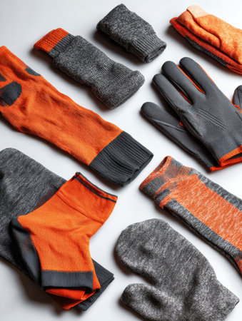 A set of vibrant sports socks, gloves, and tights arranged neatly on a neutral fabric, creating an inviting space for outdoor activity essentials.の素材