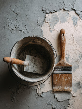 Tools for home renovation displayed on plywood with soft lighting, featuring a plaster bucket and trowel alongside the texture of the plastered wall.の素材