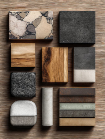 Display presents an arrangement of diverse building materials, including tiles and wood samples, set on a smooth wooden background for promotional use.の素材