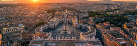 Vaticans golden gate shines brilliantly as the sun sets, casting warm hues across the city, highlighting historical monuments and tranquil surroundings.の素材
