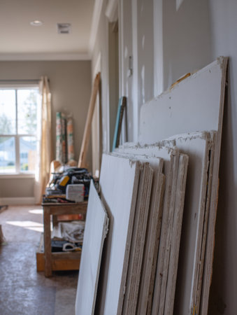 Drywall panels are propped against a wall in a brightly lit room, showcasing a construction area with various tools and materials scattered aroundの素材