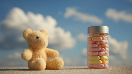 Close-up view shows a bottle of dangerous medicine beside a childs toy under a clear sky, emphasizing the serious risks of medication exposure in play areas.の素材