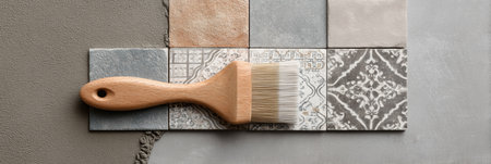 Spatula rests besides various tile pattern samples on a flat concrete surface, with the upper area left empty for further project developments.の素材