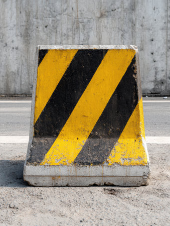 A concrete barrier with black and yellow stripes stands on the road, marking a restricted area near construction work.の素材