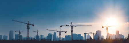 Construction activity shapes the urban skyline as multiple cranes work diligently against a clear sky, highlighting ongoing development in the city.の素材