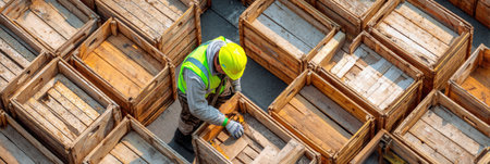 Construction worker wearing a safety vest efficiently organizes wooden crates in a well-lit area, highlighting safety measures on the job site.の素材