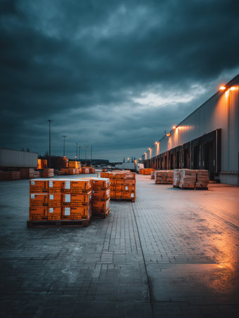 Cargo boxes are organized on a palette, illuminated by warehouse lights, in a clean storage zone with an open sky backdrop and cloudy weather.の素材