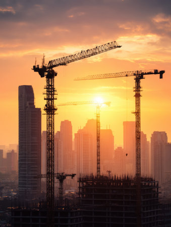 Cranes tower over an urban area under construction, silhouetted against a clear sky as the sun sets, reflecting progress in the citys skyline.の素材