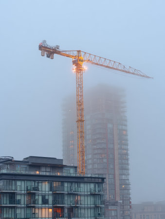 Fog envelops a high-rise crane, casting a mysterious atmosphere over the surrounding buildings during a calm morning light.の素材