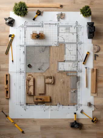 Overhead view of a detailed renovation interior plan showing furniture placement and construction tools carefully positioned for renovation work.の素材