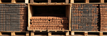 Paving tiles arranged meticulously on wooden pallets showcase several rows, with the upper section revealing more tiles.の素材