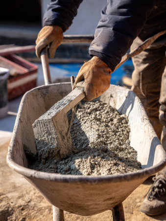 Cement is being manually mixed in a wheelbarrow, showcasing hands working diligently in a well-lit upper area of a construction site.の素材