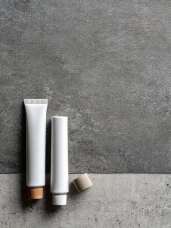 Two tubes of adhesive designed for stone and tile rest on a textured surface, showcasing a practical approach to home improvement projects in a simple layout.の素材