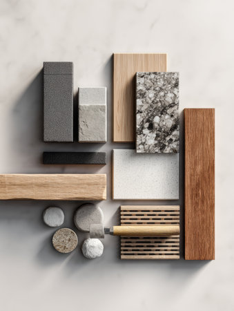 A collection of building materials is systematically arranged on a clean surface, showing textures and colors, perfect for design assessment and comparison.の素材