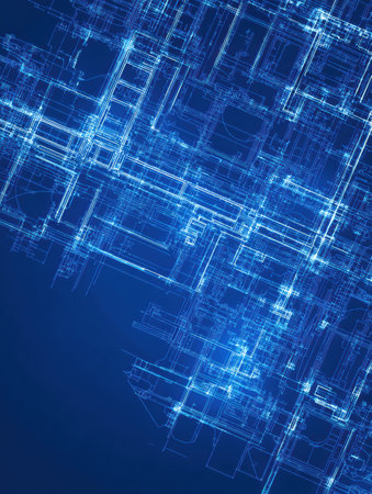 Blueprint background illustrates glowing lines on a deep blue canvas with an empty section on the right for potential content or designs.の素材