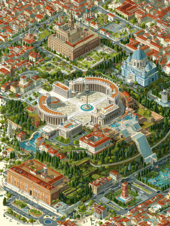An intricate representation of Vatican City showcasing notable landmarks and open areas.の素材