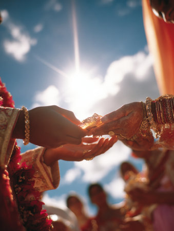 Hands exchange sindoor in a heartfelt wedding ritual, surrounded by loved ones with a radiant sky above, capturing the essence of unity and celebration.の素材
