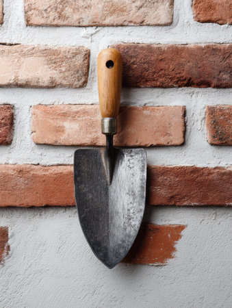 Flatlay features a traditional trowel against a brick wall, showcasing masonry tools ready for construction or repair tasks in a clean workspace.の素材