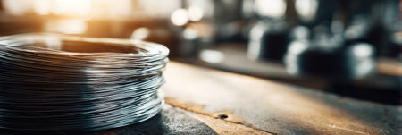 Steel wire coil rests on an industrial table, illuminated by soft, blurred side light creating an inviting atmosphere in a manufacturing setting during daytime.の素材