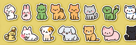 A collection of adorable pet stickers showing casing animals such as cats, dogs, rabbits, and more, all set on a vibrant yellow backdrop for a playful touch.の素材