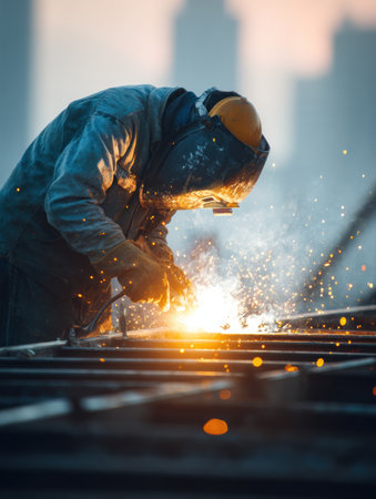 A worker engaged in welding a steel frame at a construction site, creating bright sparks against a clear upper backdrop during sunset.の素材