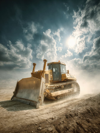 A heavy bulldozer moves through a dusty construction site, kicking up dirt as it operates under a bright sky filled with clouds.の素材