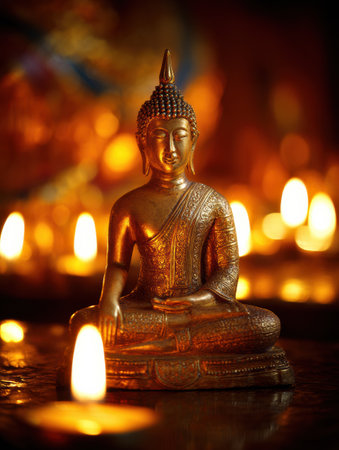 Illuminated by soft candlelight, the golden Buddha statue embodies peace and spirituality within a calm temple environment during a quiet evening.の素材